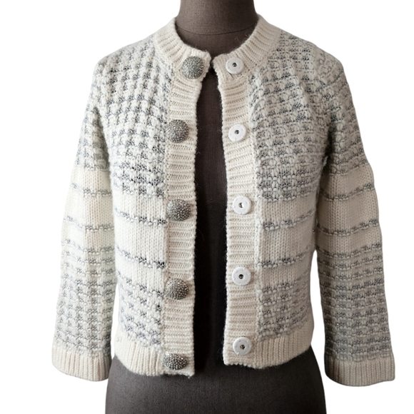 Kate Spade Jewel Button Texture Cardigan In Cream Silver Size XXS - Picture 4 of 13